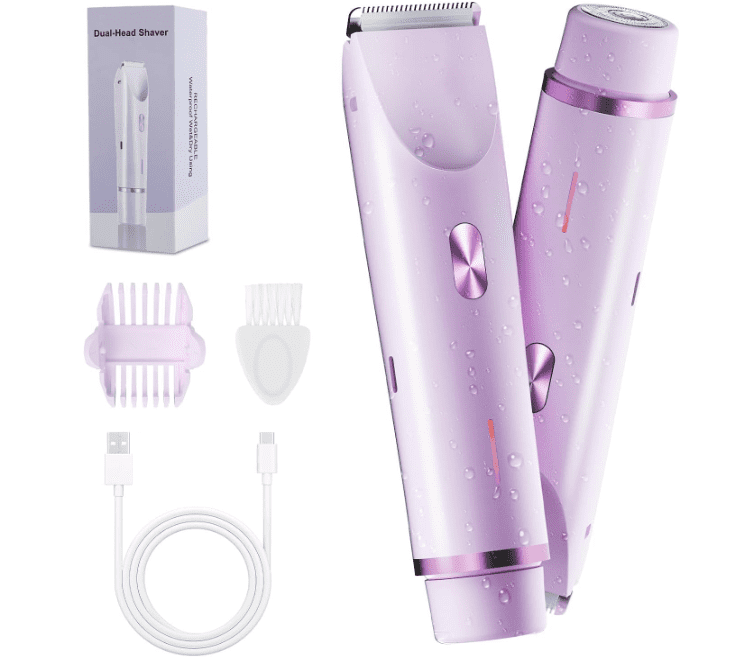 2-in-1 women's bikini trimmer, double headed bikini shaver, body and facial hair removal, rechargeable cordless electric shaver, suitable for face, chin, pubic bone, armpit, IPX7 waterproof, purple