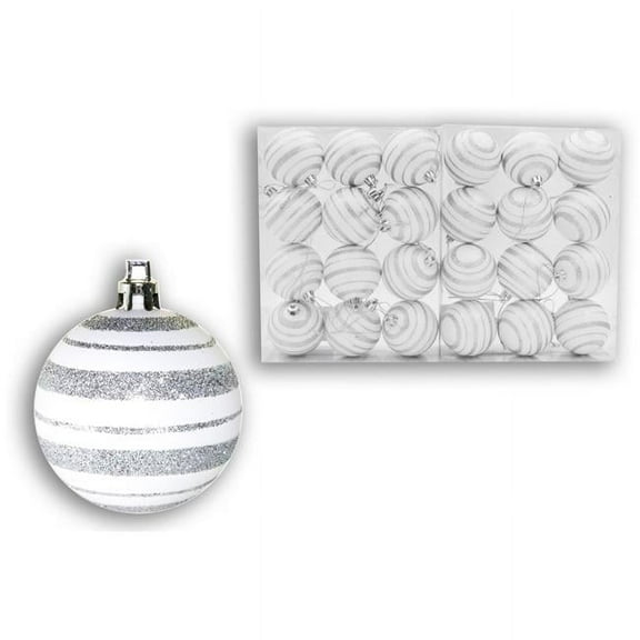 2 in. Ball Ornaments with Line Design, Silver & White - Pack of 24