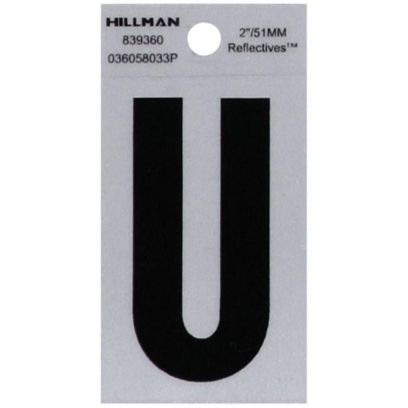 2 in. Black & Silver Reflective Mylar Square Cut Self Adhesive Letter - U