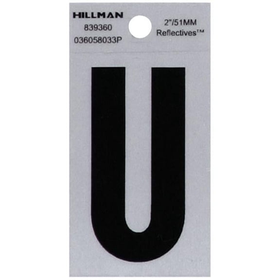2 in. Black & Silver Reflective Mylar Square Cut Self Adhesive Letter - U