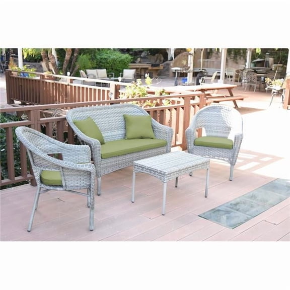2 in. Grey Resin Wicker Clark Conversation Set with Sage Green Cushion - 4 Piece