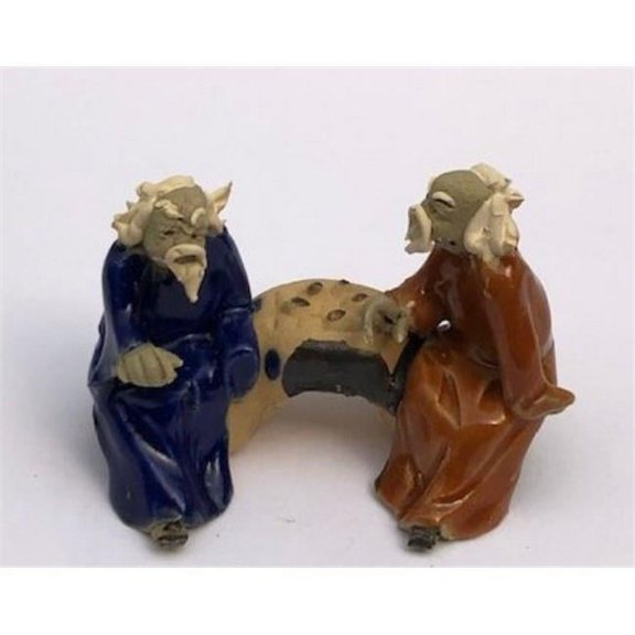 2 in. Two Men Sitting on a Bench Playing Chess Ceramic Figurine, Blue & Orange