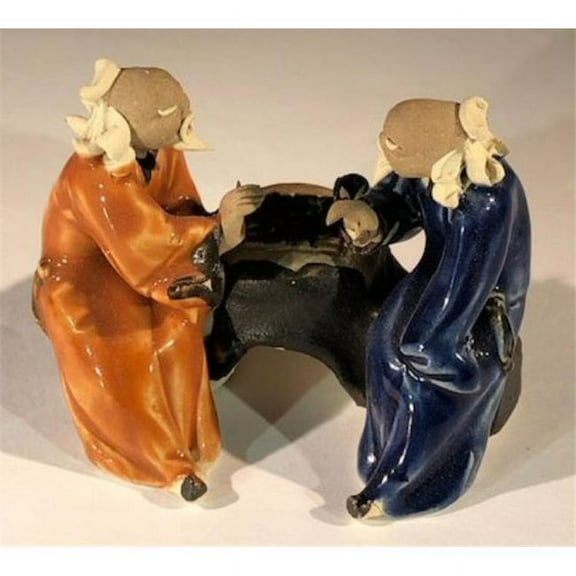 2 in. Two Men Sitting on a Bench Playing Chess Ceramic Figurine, Orange & Blue