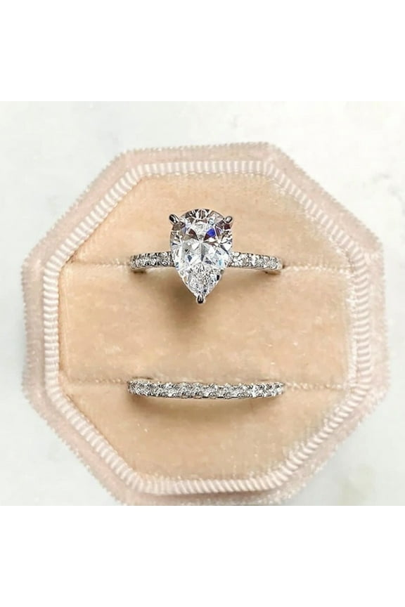 2 in Wedding Engagement Ring Set, QQZ Fashion Artificial Gemstone Jewelry for Women, Alloy Cocktail Party Gift Set with US Sizes 6-11, Silver