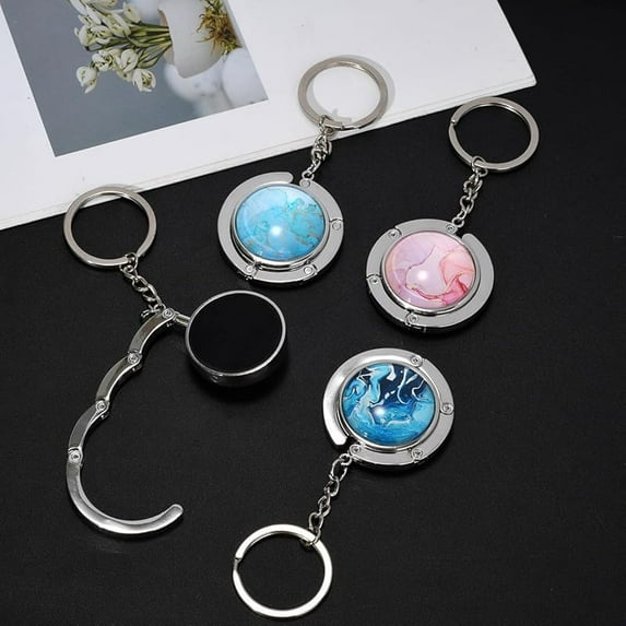 2 in1 Foldable Purse Hook and Keychain- Heavy Duty Portable Alloy Materials Bag Holder, Strength Hanger(White Red Blue)