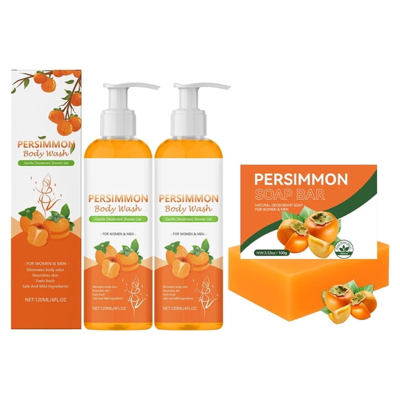 2-in1 Persimmon Soap Bar and Persimmon Body Wash for Odor Control, Deodorant Soap for Old People Smell, Remove Body Odor Shower Gel, Persimmon Bath Soap for Women & Men
