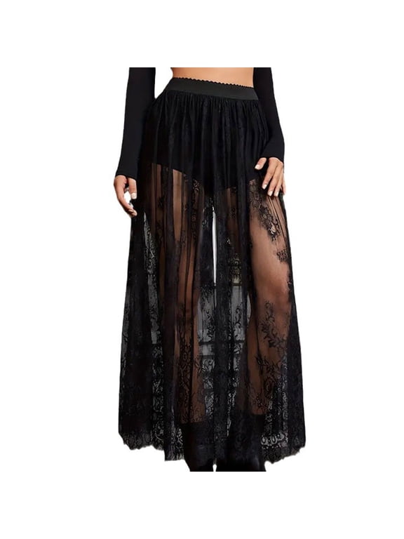 2 in1 Sheer Meshes Maxi Skirt See Through Florals Lace Skirt Highs Waist Long Skirt for Womens Girls Gift