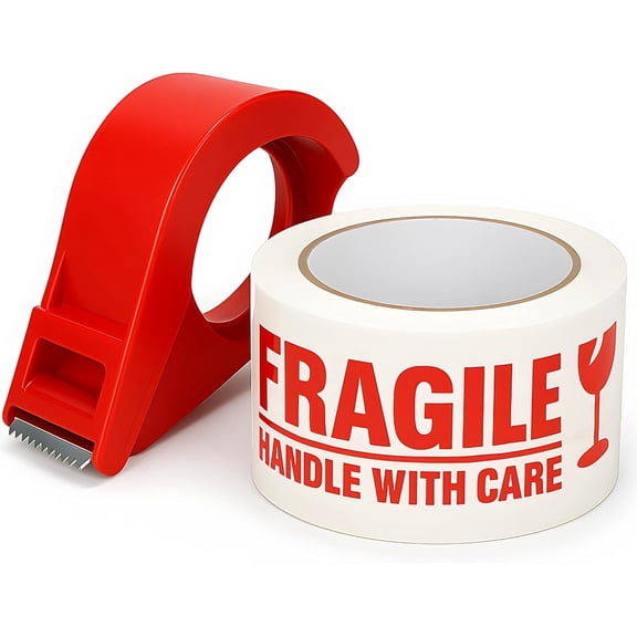 2-inch by 500-foot (167 yards) fragile tape for transport 1 roll tear-away dispenser, permanent adhesive warning labels for transport boxes, cartons, parcels, packages, pallets, etc.