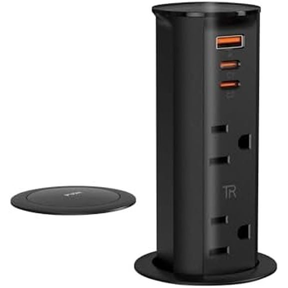 2 inch Space Saver Pop Up Outlet for Countertop with PD20W USB Ports,2 Outlets Tamper Resistant,Splashproof Pop Up Socket,Desk Power Grommet for Office Kitchen Black (ETL Listed)