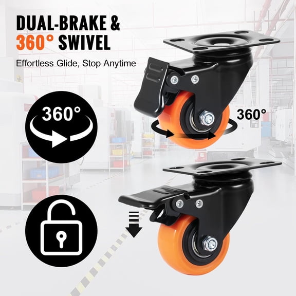 2-inch Swivel Plate Casters, Set of 4 - Dual Locking Noiseless PVC Wheels, Heavy Duty 150lbs Capacity, Non-Marking for Cart Furniture Workbench (Secure & Quiet)