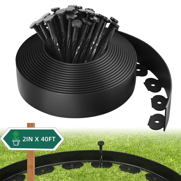 Landscape Edging Kit, 2 inch Tall 40 ft Garden Edging Border, Lawn Edging with 36 Spikes, Mini Plastic Fence for Landscaping Yard Flowerbeds,Black