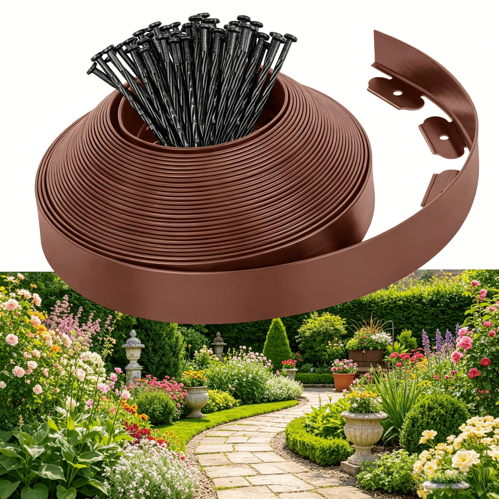 2-inch x 33 ft Landscape Edging Border with 50 Spikes, No Dig Garden Edging Lawn Border Kit, Plastic Flexible for Garden Flower Beds Lawn (Brown)