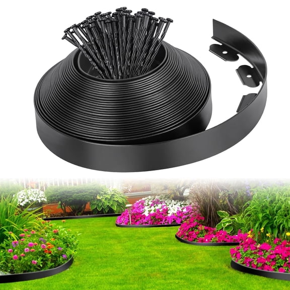 2-inch x 33ft Landscape Edging Border with 50 Spikes, Garden Edging Border Lawn Edging, Plastic Edging for Landscaping Flower Beds Yard Pathway Paver Edging (Black)