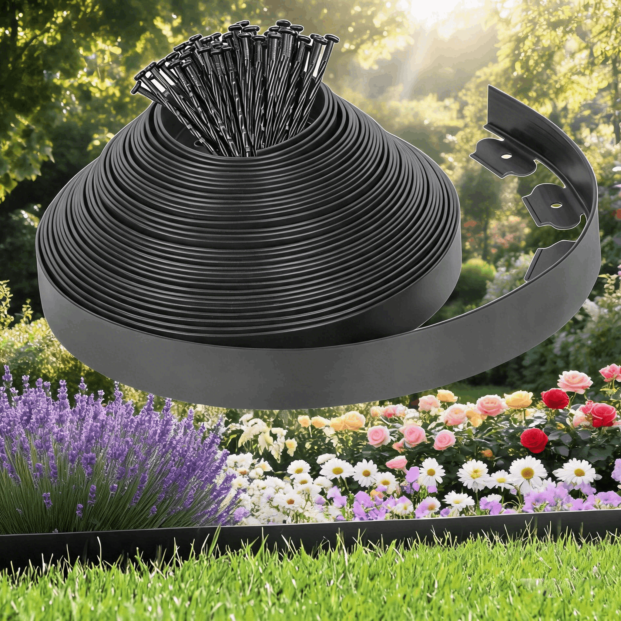 2-inch x 50 ft Landscape Edging Border with 75 Spikes, Garden Edging Border Lawn Border, Plastic Flexible for Garden Flower Yard Paver (Black)