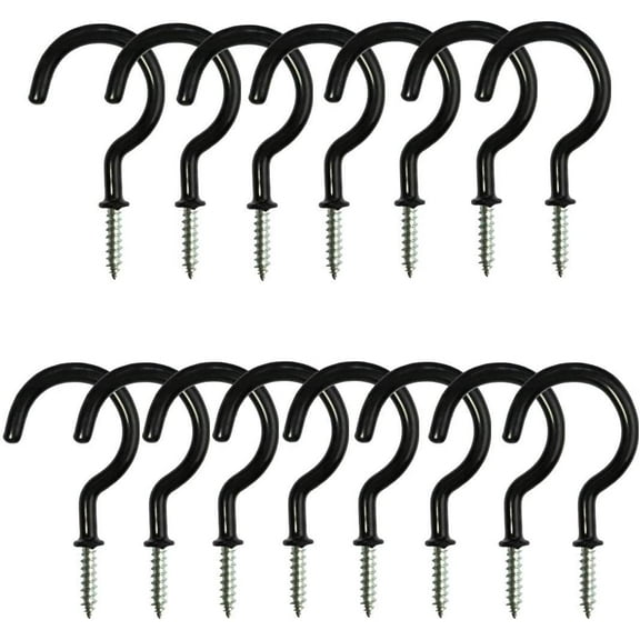 2 inches Ceiling Screw Hooks 15Pcs with Reusable Case Vinyl Coated Cup Hook Holder Screw-in Hooks for Hanging (Black)