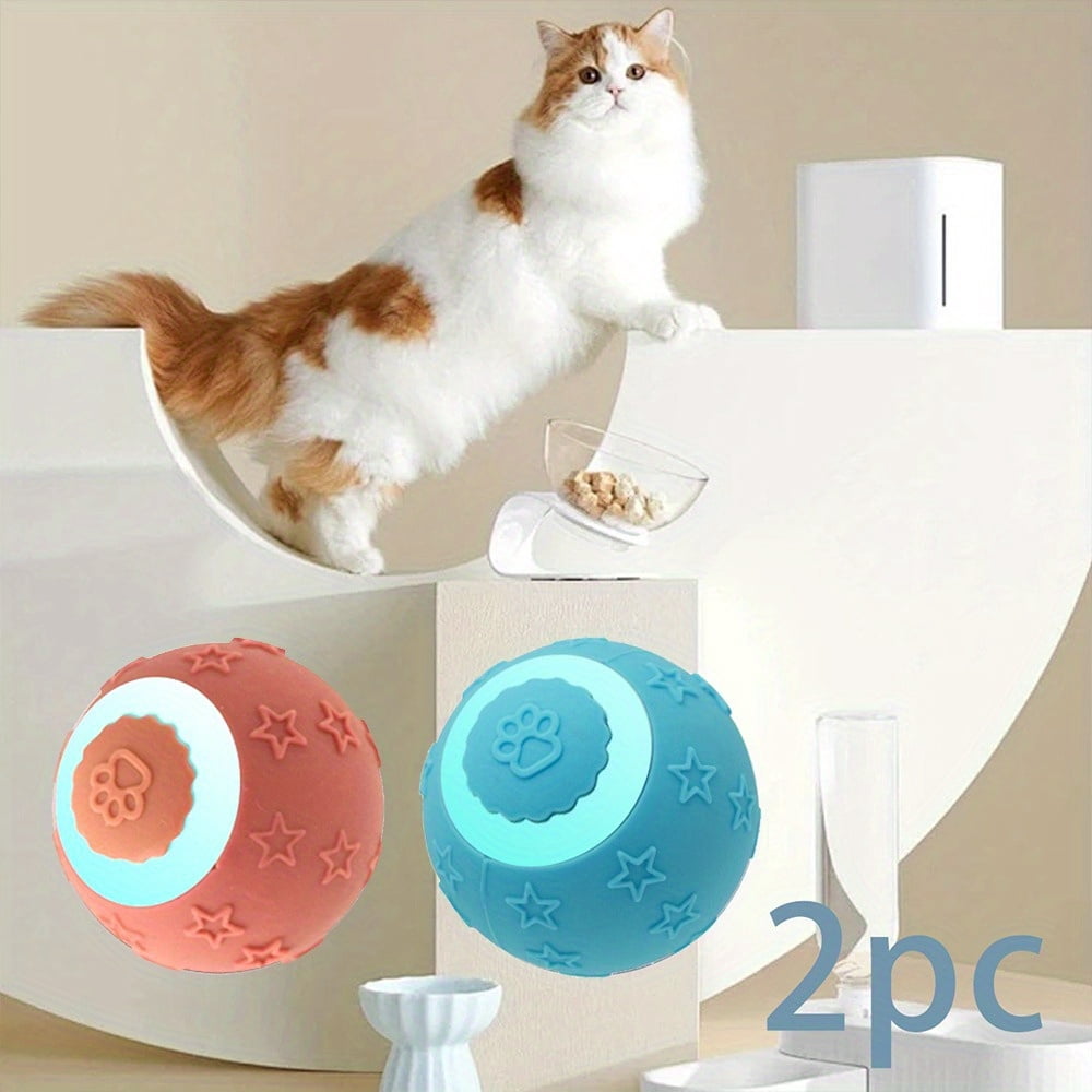 2 interactive cat toy balls (red and blue), durable fully automatic 360 ° rolling pet ball, equipped with USB charging LED lights, suitable for cat and dog entertainment
