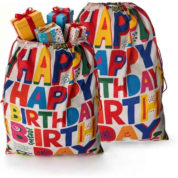 2 large happy birthday bags with drawstring, 27.5x19.5 inches, reusable canvas storage bags for holiday gifts and party favors (--2)