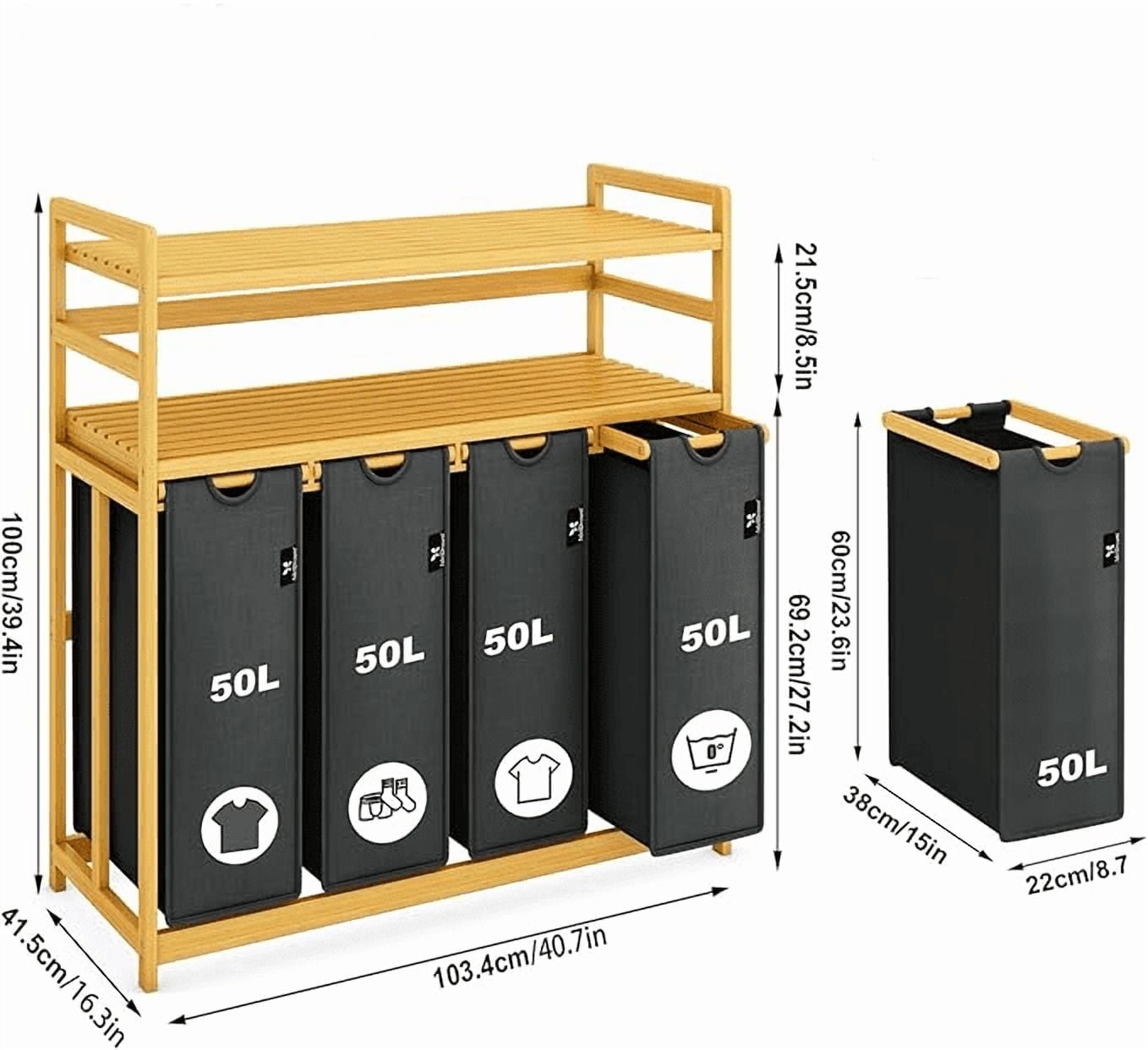 2-layer Laundry Hamper 4 Section Large Bamboo Laundry Sorter with ...
