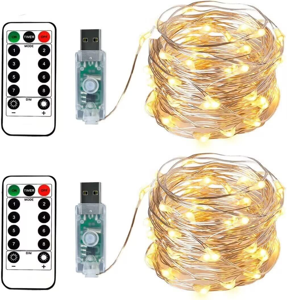 2 light strings, 100 LEDs, 10 meters warm white silver wire, USB socket ...