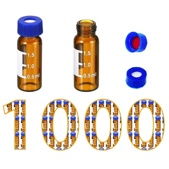 2 mL Amber Autosampler Vials 1000 Pack  HPLC/GC Certified, 9-425 Screw Cap with Red PTFE/White Silicone Septa, Graduations & Write-On Area, Leak-Proof for LC, GC-MS, Lab Analysis