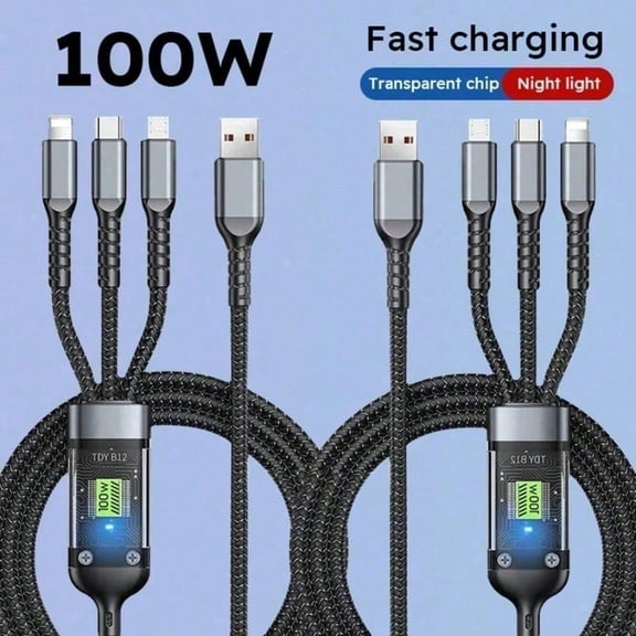 2-meter 3-in-1 charging cable, transparent luminous nylon braided fast charging and data transmission cable.