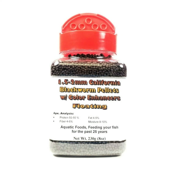 2 mm (1/16") Floating California Blackworm Pellets with Color Enhancers & Vitamins...230g Small Jar