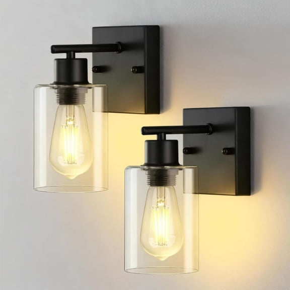 2 modern wall lamps, matte black bathroom vanity table lamp, transparent glass suitable for bedroom mirror, living room corridor E26