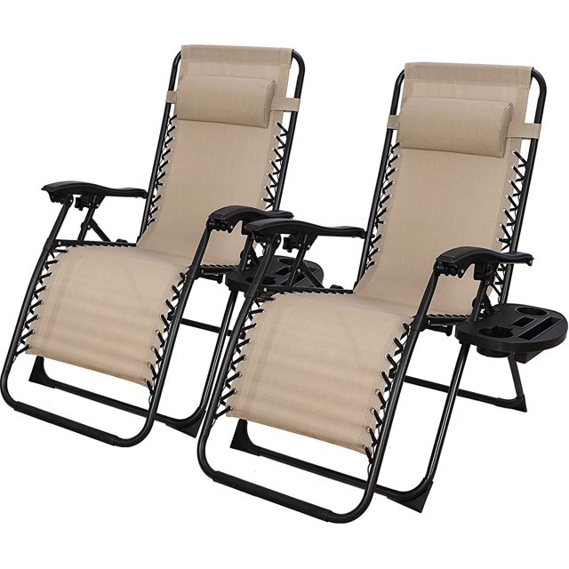 2 of Reclining Lounge Chairs Folding Patio Garden Beach Deck Tray