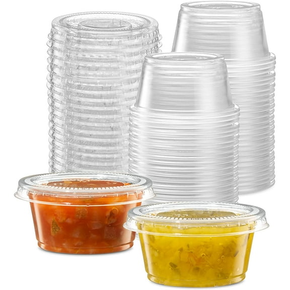 {2 oz - 100 Sets} Clear Diposable Plastic Portion Cups With Lids, Small Mini Containers For Portion Controll, Jello Shots, Meal Prep