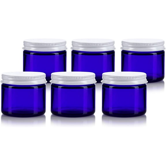 2 oz / 60 ml Cobalt Blue Thick Glass Jar with White Metal Airtight Lid (6 pack)