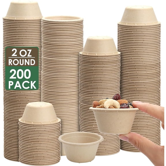 2 oz Compostable Portion Cups,200 Pack Disposable Souffle Cups,Biodegradable Condiment Cups,Bagasse Fiber Sample Portion Cups,Sample Cups Tasting Cups for Jello Shot,Souffle,Condiment,Sauce (Natural)