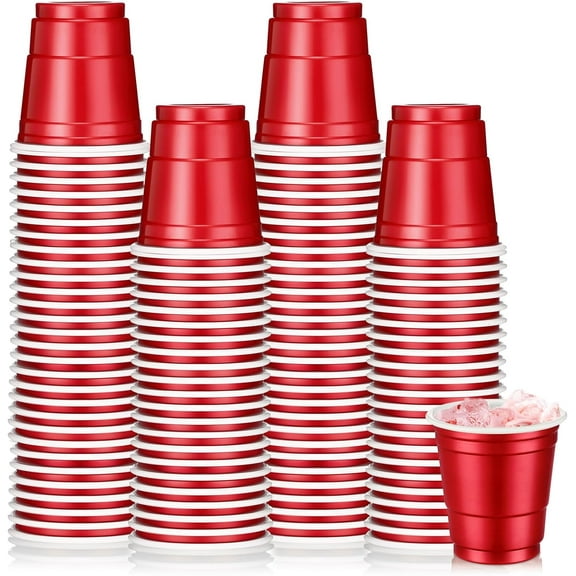 2 oz Disposable Shot Cups, 100 Pack Mini Plastic Party Cups for Wedding Halloween Thanksgiving Beer Tasting Snacks Red