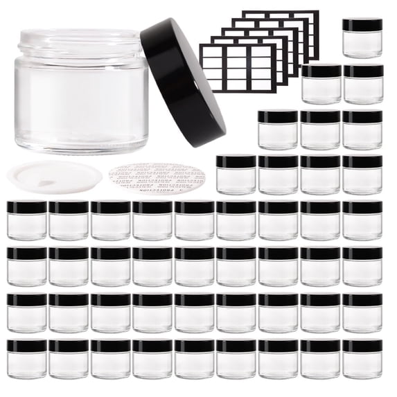keigocare 46 pack 2 oz Clear Small Glass Jar with Black Lids,Empty Round Cosmetic Containers for Sample, Powder, Cream, Lotion, Spice