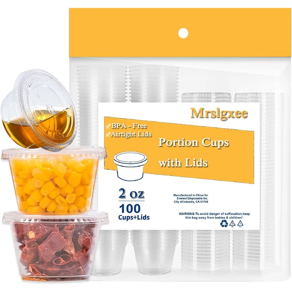 2 oz Jello Shot Cups,100 Sets Small Plastic Containers with Lids, Airtight and Stackable Portion Cups, Salad Dressing Container, Dipping Sauce Cups, Condiment Cups for Lunch, Party, Trips