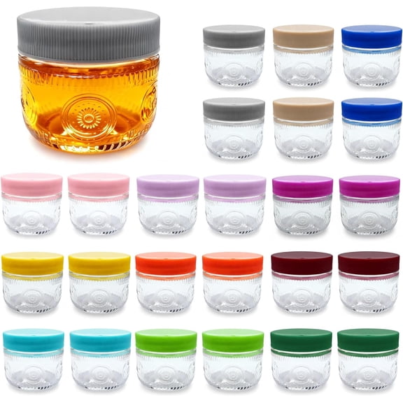 2 oz Mini Glass Mason Jars with Mouth Colored Lids - 24-Pack Glass Canning Jars for Storage, Overnight Oats, Jam, Jelly, Honey, Beans, Spices, Wedding Favors, Shower Favors