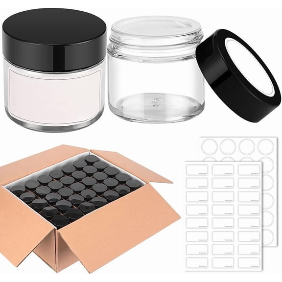 2 oz Round Clear Glass Jars,  70   Jars with Black , Black and White Labels & Inner Liners, Empty  Containers for ,