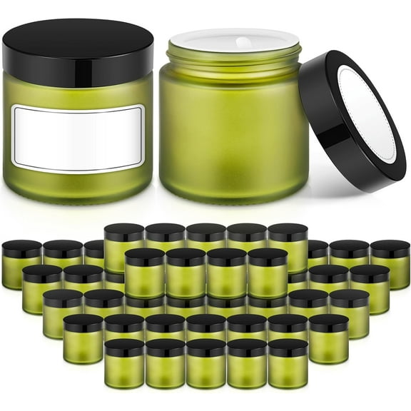 48 Pack 2 oz Small Glass Jars with Black Lids, Round Green Cosmetic Containers with White Labels for Cream Lotion Slime Ointment