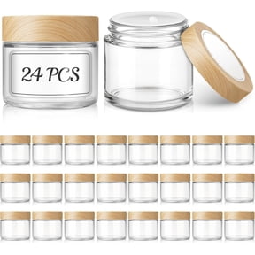 2 oz Small Glass Jars with Plastic Woodgrain , 24 Pack Clear Glass  Jars with Inner Liners, 60ml Refillable Empty Sample Containers for Cream, Salve, Powders and Lotion Storage
