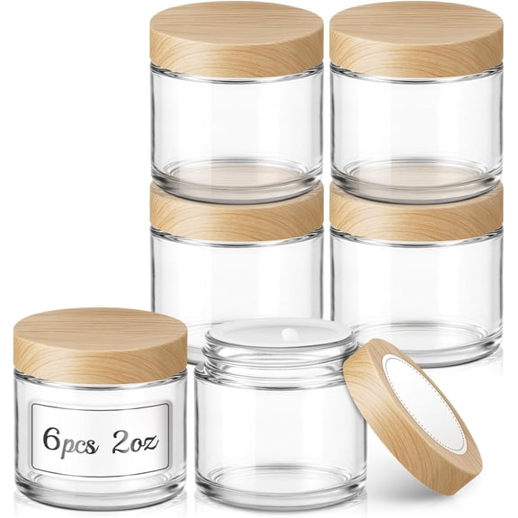 2 oz Small Glass Jars with , Clear Jars with Plastic Woodgrain , 60ml Refillable Empty Containers for Lotion, Cream, Salve, Powders, 6 Pack