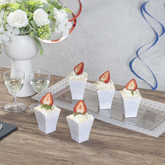 Restaurantware-2 Ounce Dessert Cups, 100 Square Appetizer Cups - Disposable, Small Size, White Plastic Dessert Shooters, Sturdy, For Fruits, Parfaits, Or Snacks, Use At Parties, Events