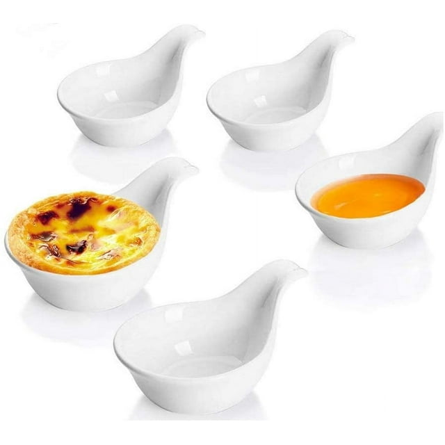 2 oz White Dipping Bowls with Grip Handle Porcelain Tomato Sauce, Soy