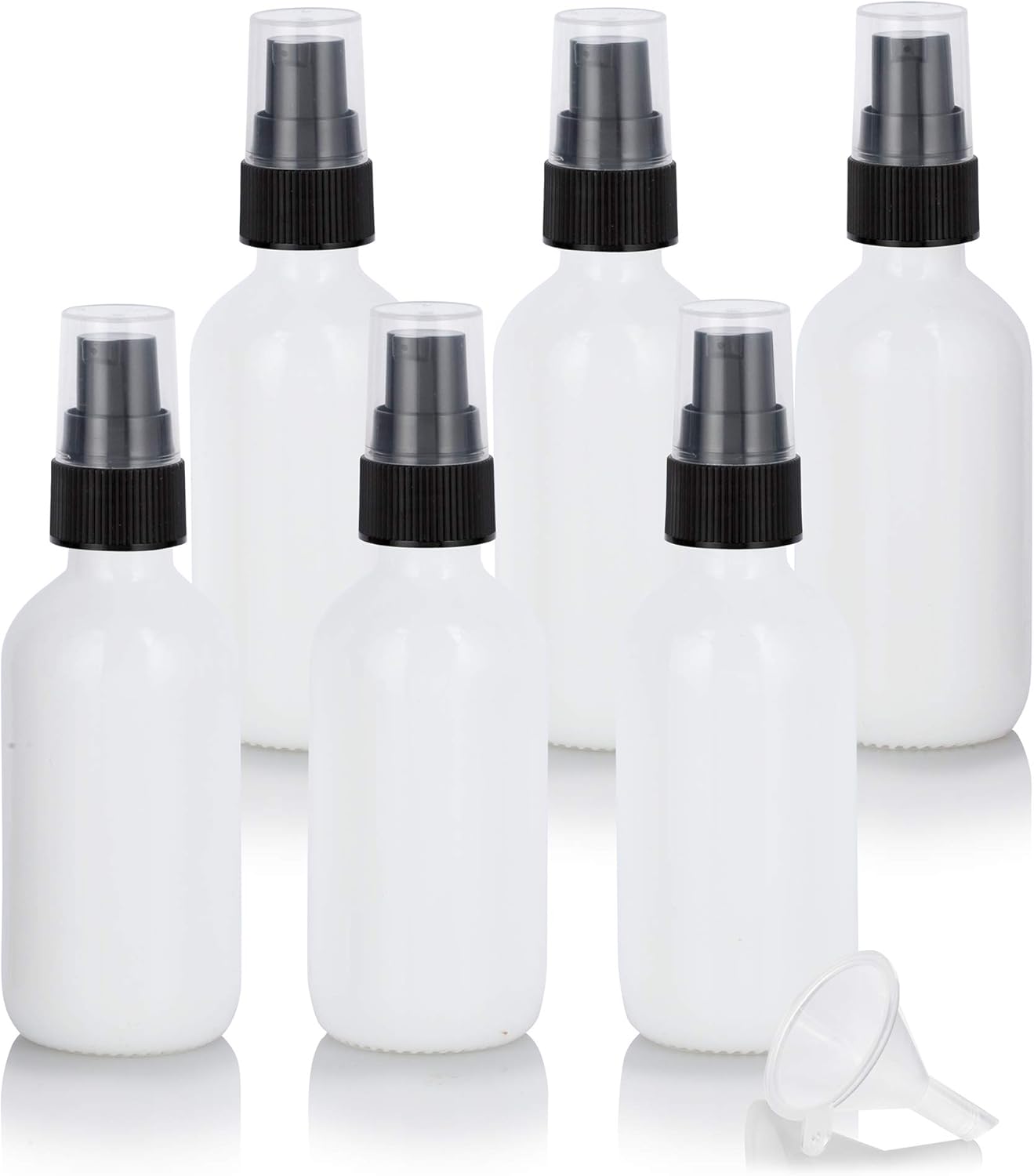 2 oz White Glass Round Black Pump Bottle + Funnel Refillable Empty ...