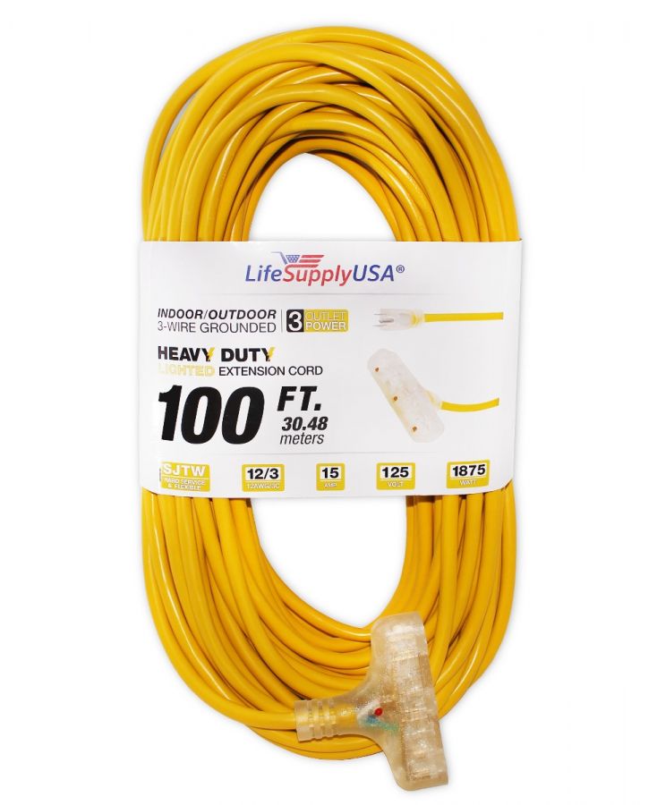 2-pack) 100 ft Power Extension Cord Outdoor  Indoor Heavy Duty 12 gauge/3  prong SJTW (Yellow) Lighted end 3-outlet Extra Durability 15 AMP 125 Volts  1875 Watts by LifeSupplyUSA