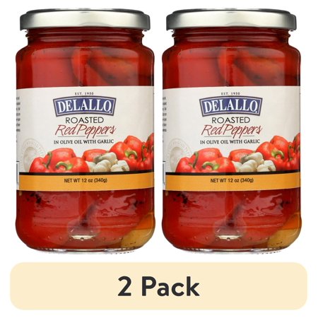 (2 pack) (12 Pack) Delallo Roasted Red Peppers with Garlic & Olive Oil, 12 oz