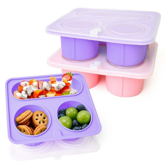 2-Pack 15oz Leakproof Silicone Food Container with 3 Compartments – Purple & Pink