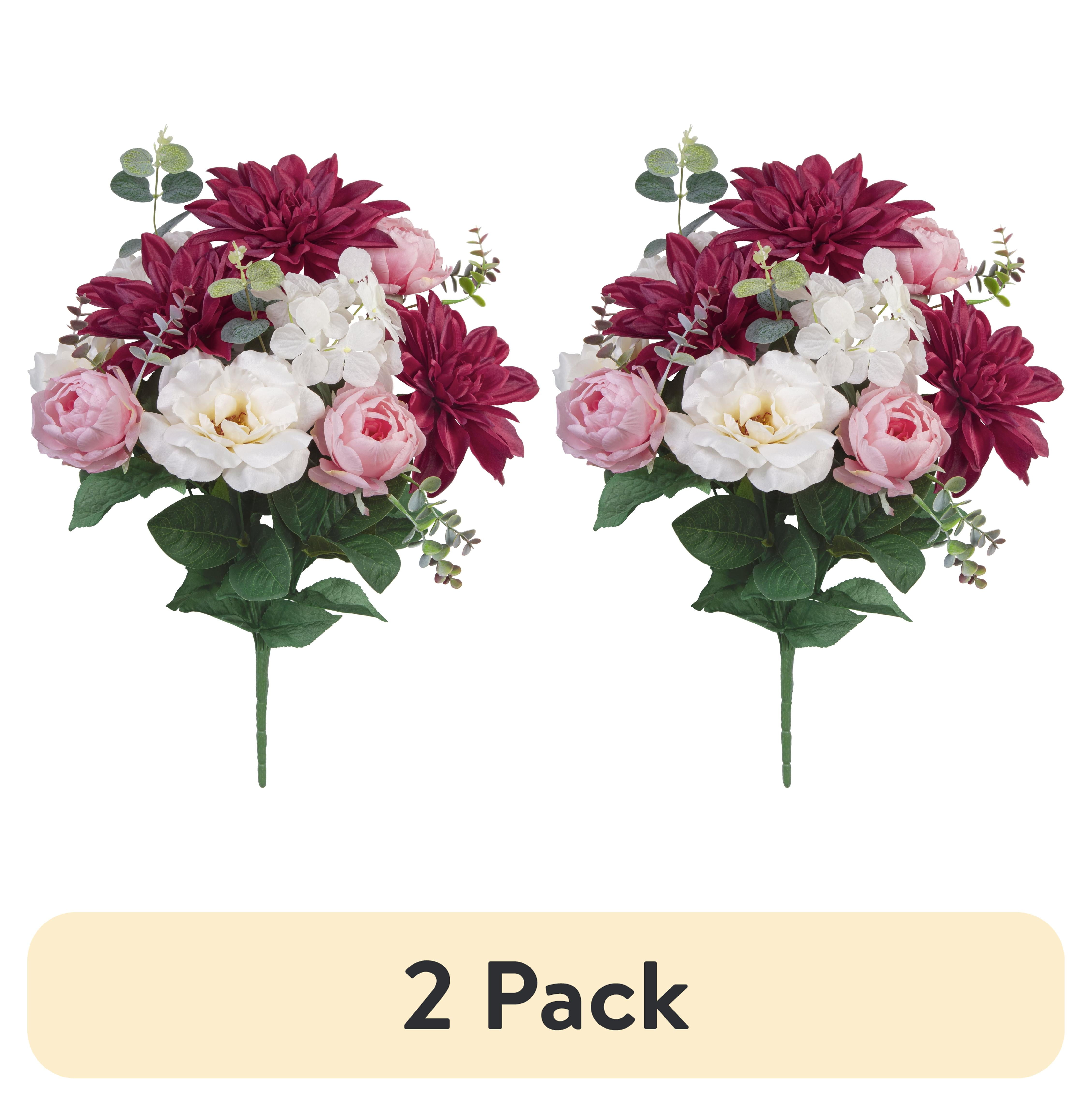(2 pack) Mainstays 19 in Artificial Silk Burgundy Dahlia & White Tea Rose Mixed Flower Bouquet for Indoor Use