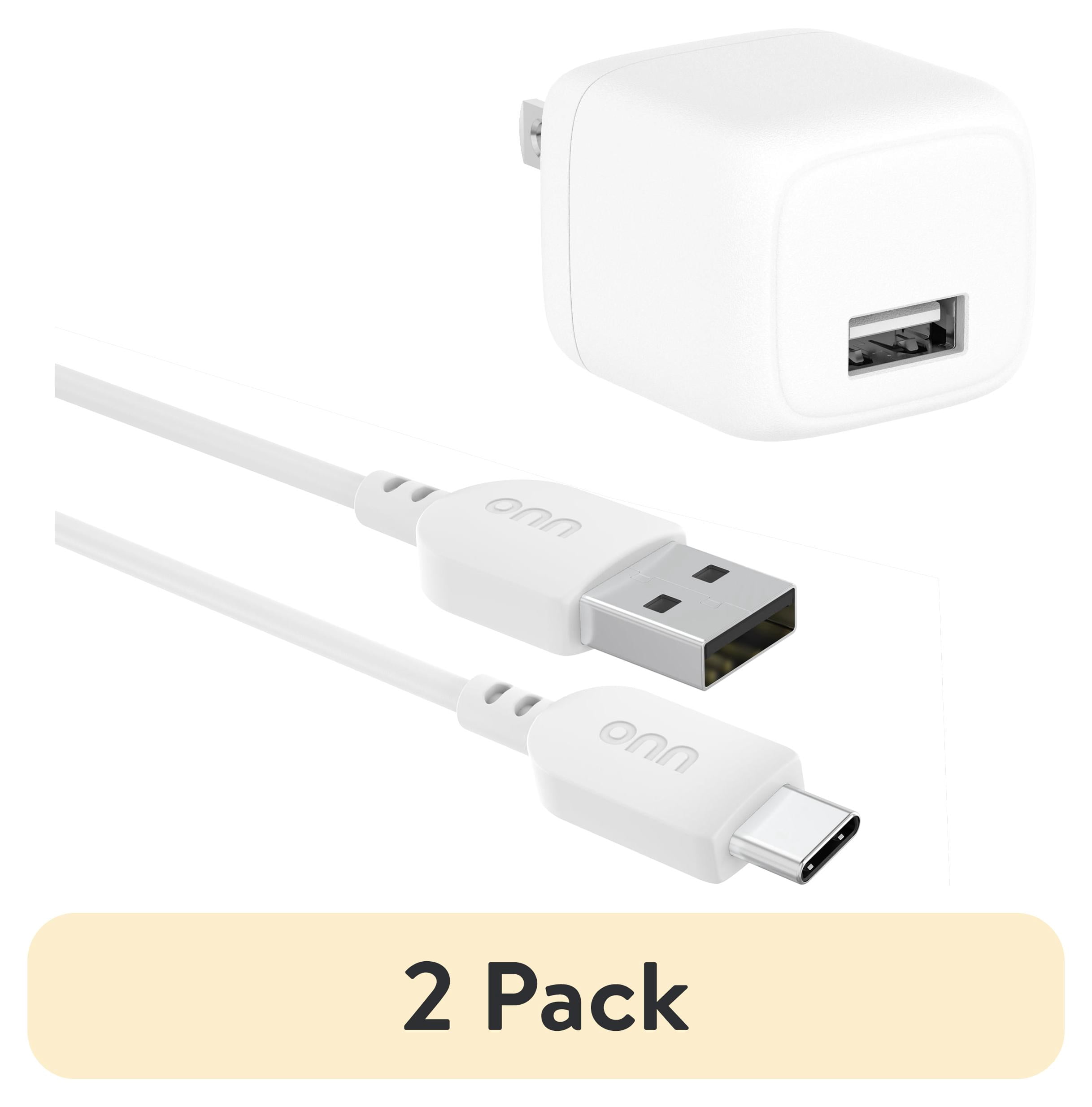 (2 pack) onn 12W Wall Charger with Single USB-A Port and 3ft USB-C Cable, Foldable Plug, White