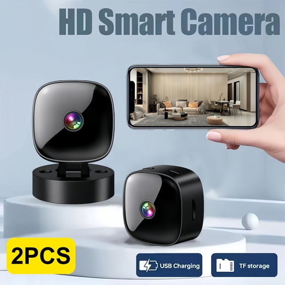 2-pack 2.4G WiFi mini cameras with night vision and motion detection. USB rechargeable, support continuous recording and cloud storage. Great for home, car, baby and pet monitoring.