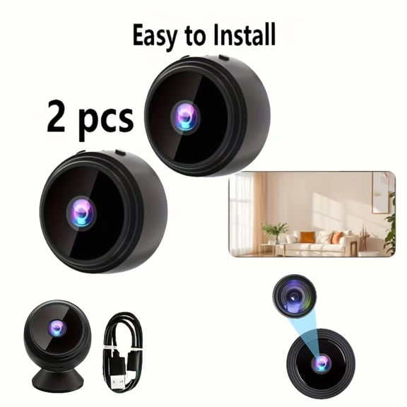 2-pack 2.4G WiFi mini cameras with night vision and motion detection. USB rechargeable, support continuous recording and cloud storage. Great for home, car, baby and pet monitoring.