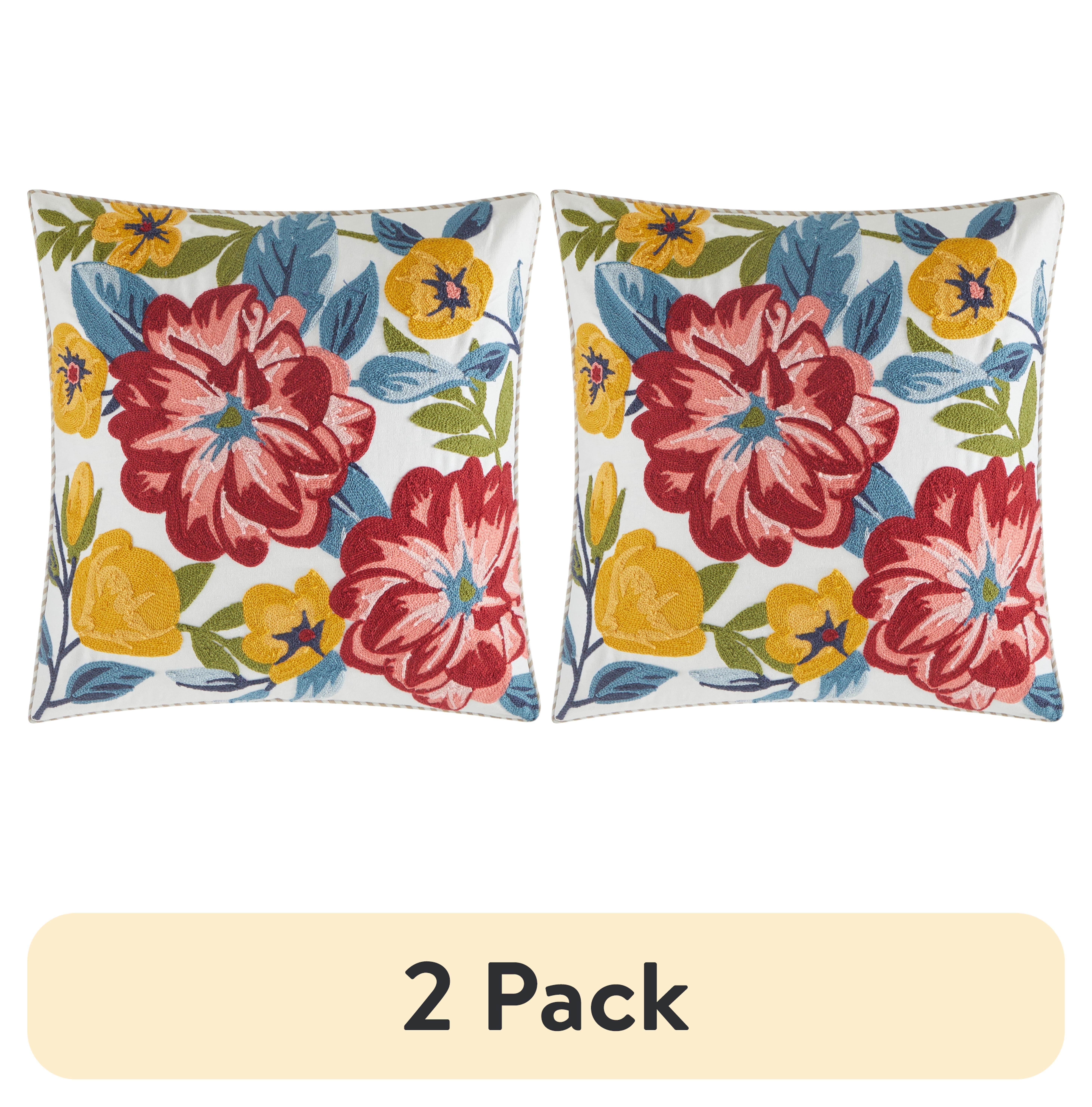 (2 pack) Mainstays Embroidered Ambreta Flower Decorative Pillow, Yarn ...